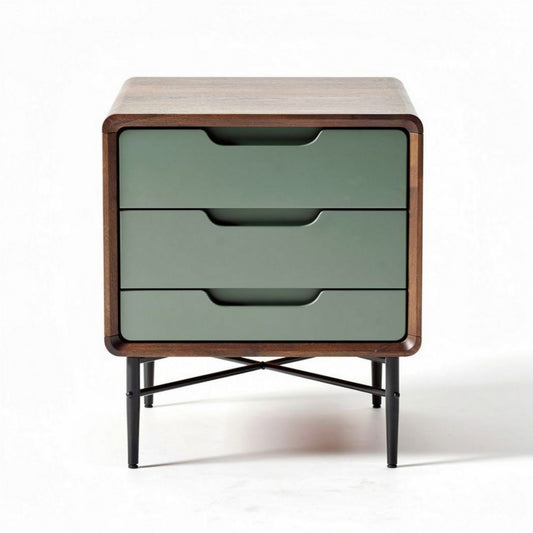 Nachtkastje met groen lades van hout en metalen poten 55 x 45 x 60 cm