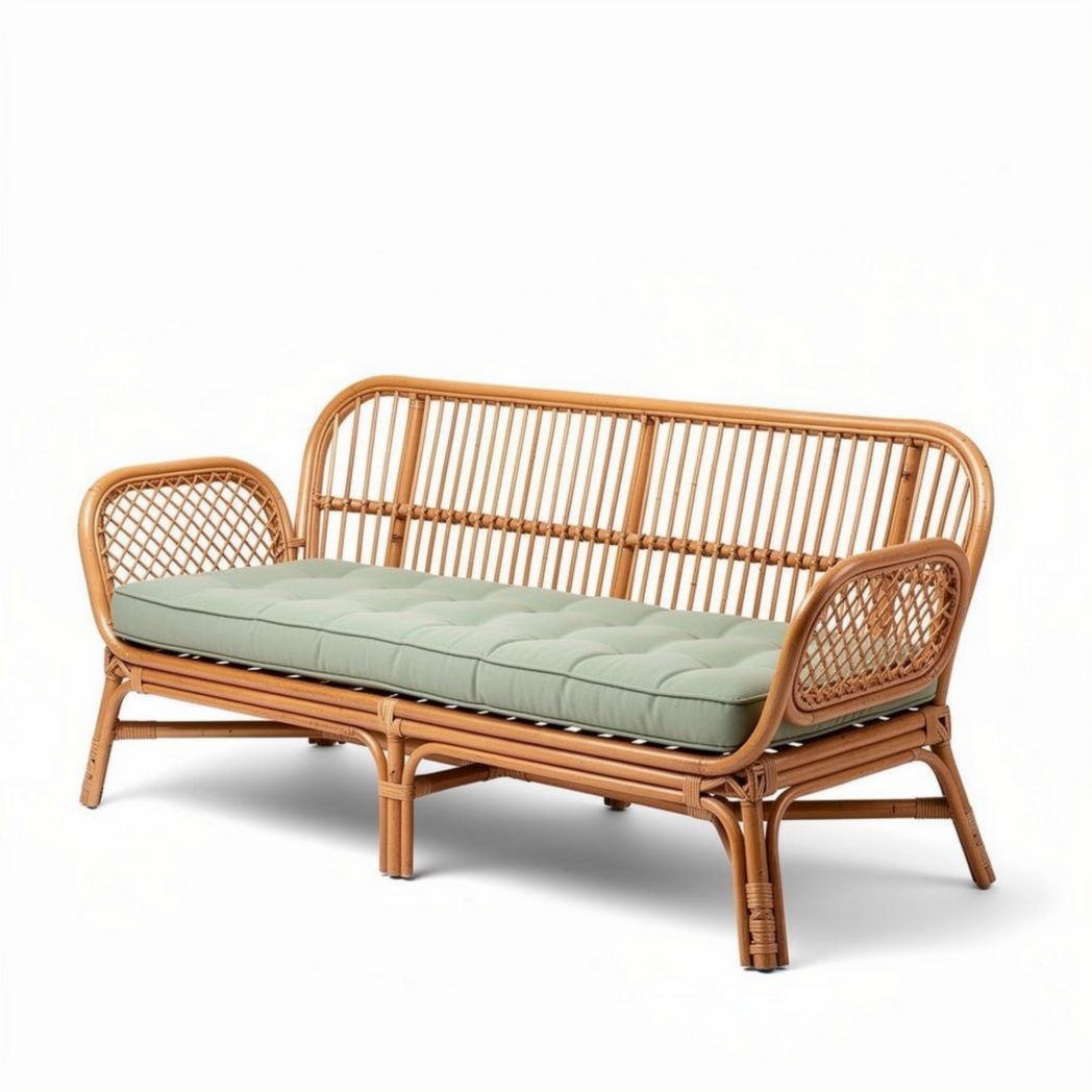 Rieten bank met groene kussen 160 x 80 x 75cm voor binnen en buiten