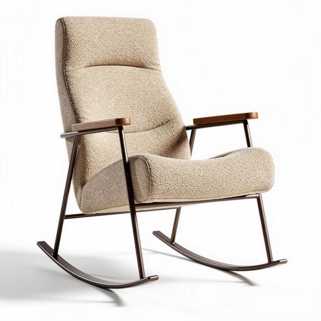 Schommelstoel van stof met houten armleuning in beige 80 x 70 x 100cm