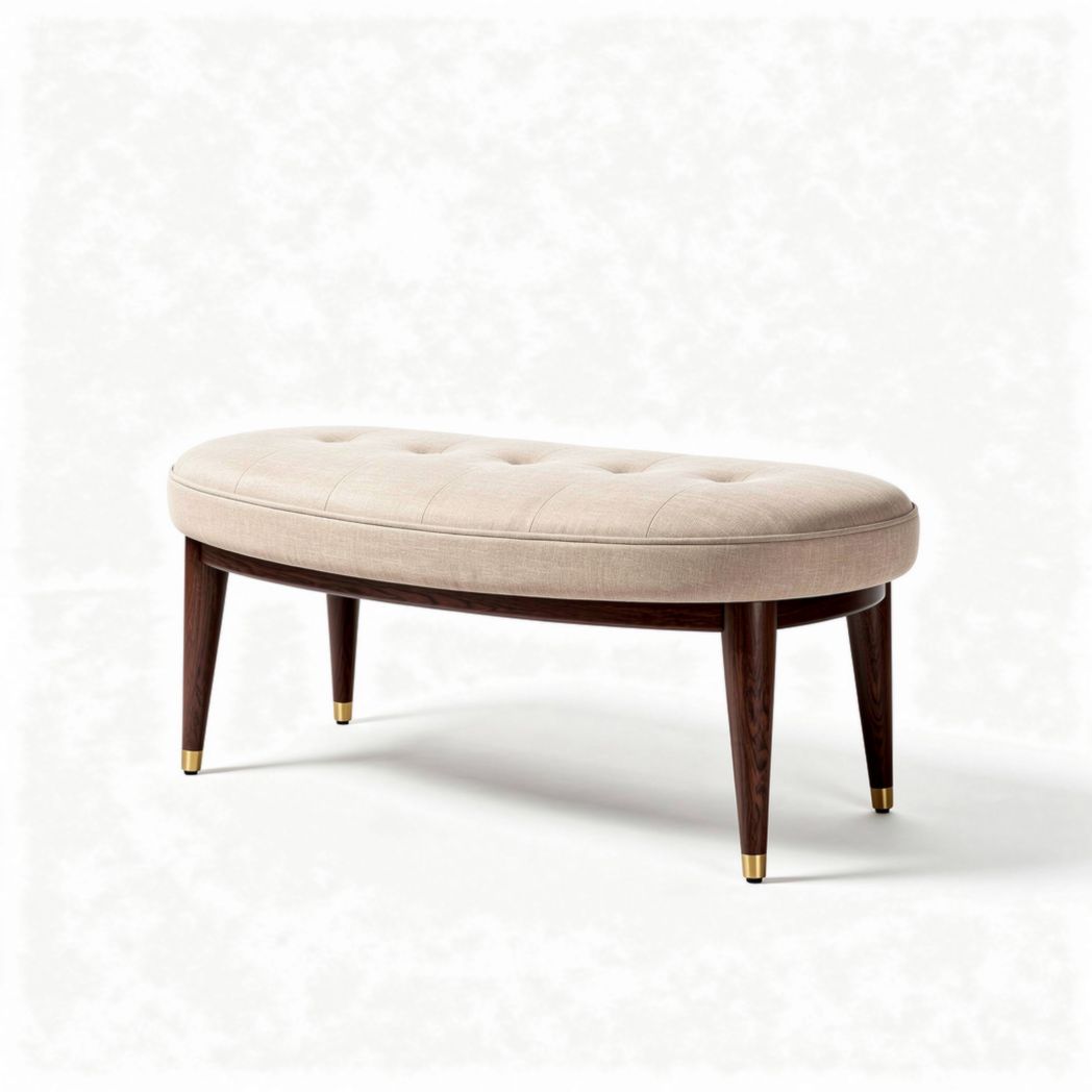 banc met stoffen zitting in beige en houten poten 120 x 40 x 45cm