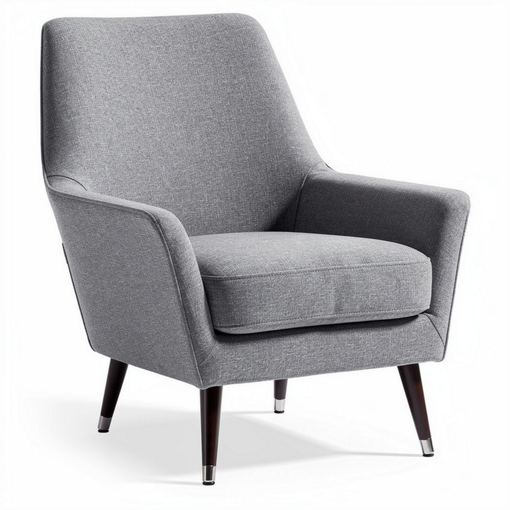 Grijze fauteuil van stof met houten poten en afmetingen 75 x 75 x 90cm