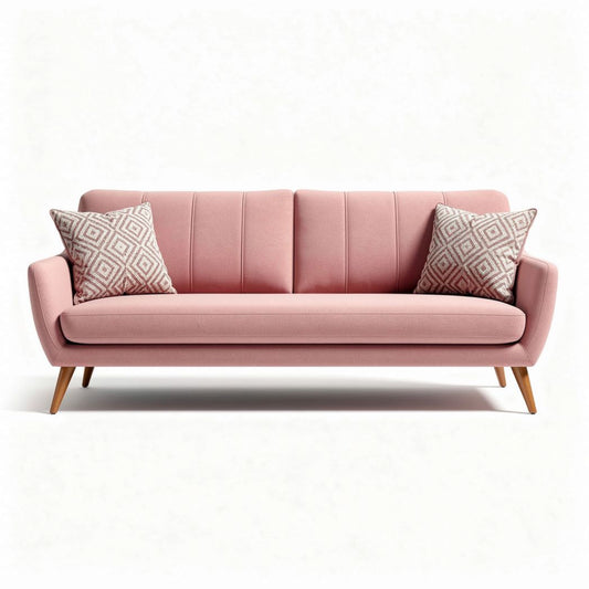 Roze stoffen bank met houten poten en kussens 200 x 85 x 80cm