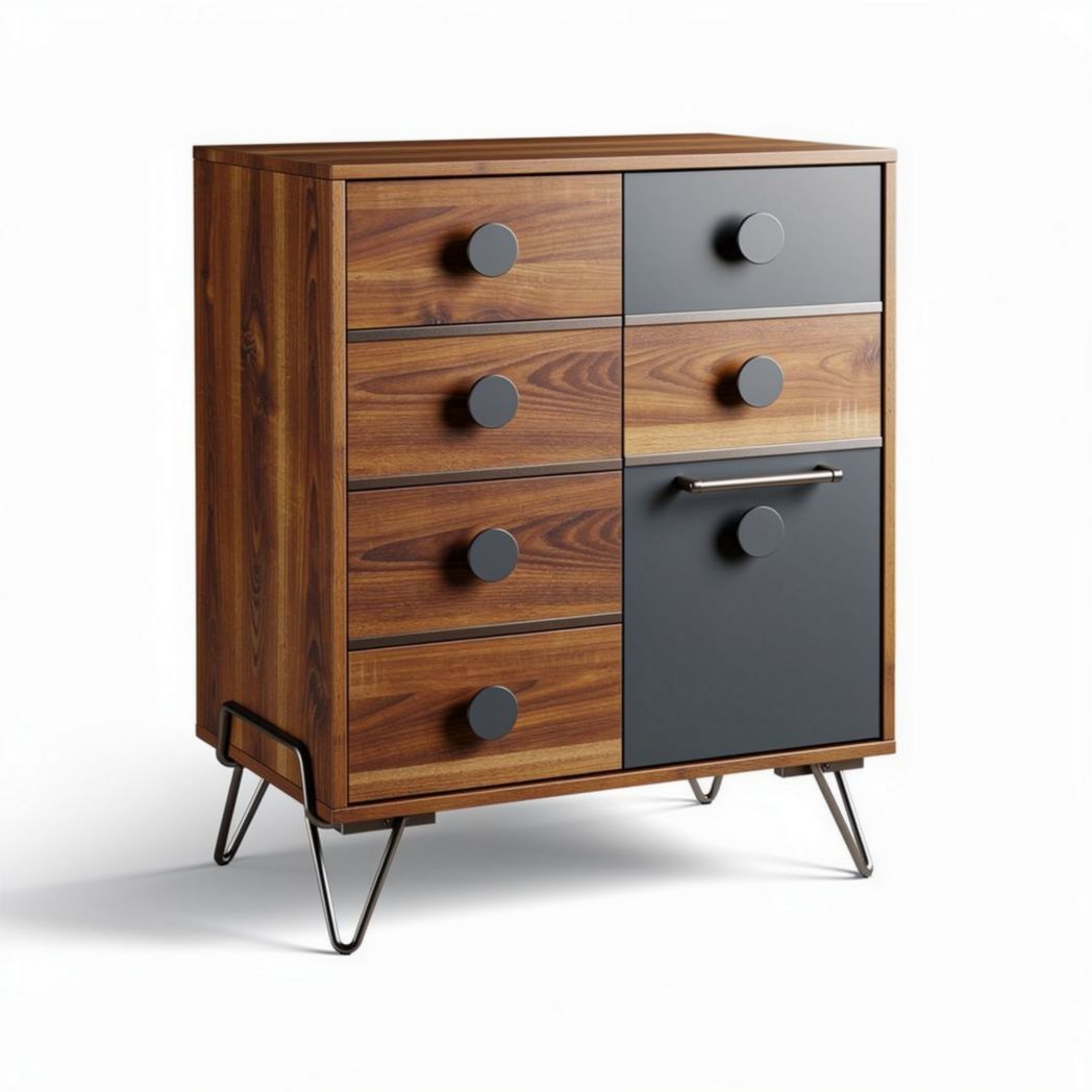 Houten ladekast met metalen poten en een combinatie van lades en deurtjes 60 x 40 x 90cm