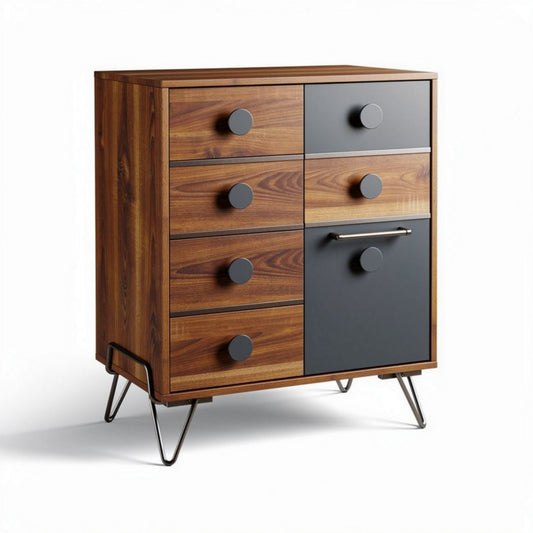 Houten ladekast met metalen poten en een combinatie van lades en deurtjes 60 x 40 x 90cm