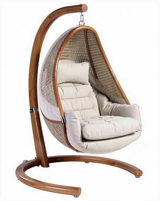 Hangstoel van rotan met zachte kussens en houten frame 100 x 80 x 120cm