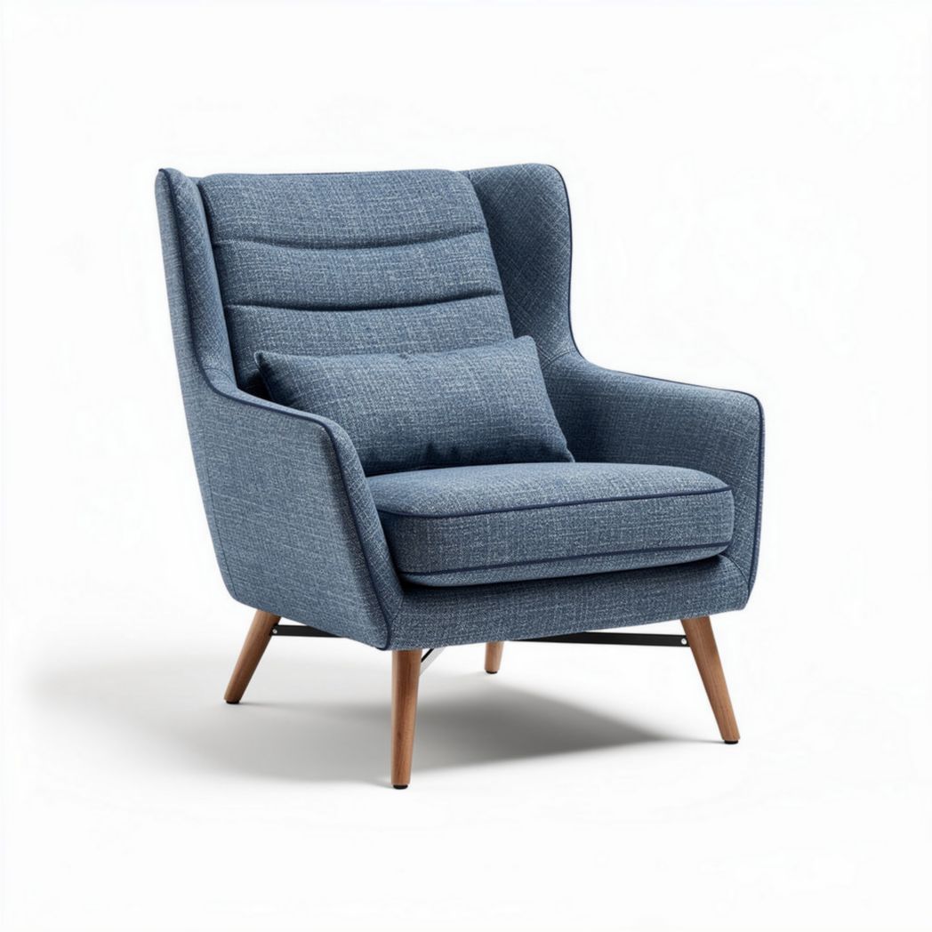 Stoere stoel van stof in blauw met houten poten 81 x 80 x 90cm