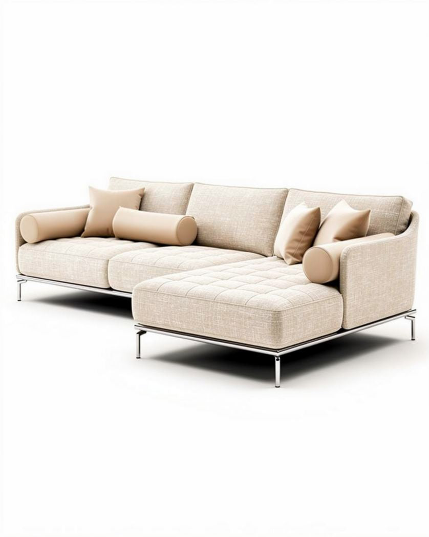 Hoekbank van stof in beige met kussens afmetingen 210 x 90 x 85cm